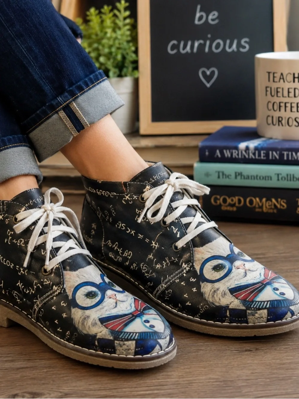 Goby Unisex Cat Math Print Lace-Up Ankle Boots EU 39 (Approx. Women’s US 8.5–9)